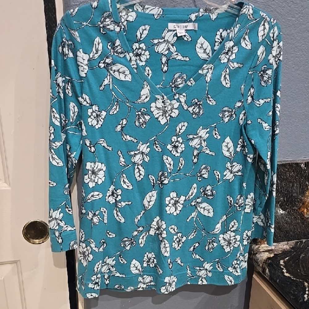 Chico's Blue and White Floral Long Sleeve Top
